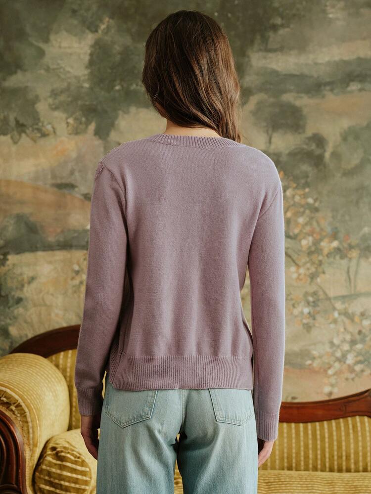 Women's Elegant Knitted Cardigan With Pearl Buttons And Floral Embroidery, Round Neck, Suitable For Fall, Spring, Summer, New Year, Party, Wedding, Elegant, Chic, Stylish, Christmas, Festival, Holiday, Going Out, Cozy