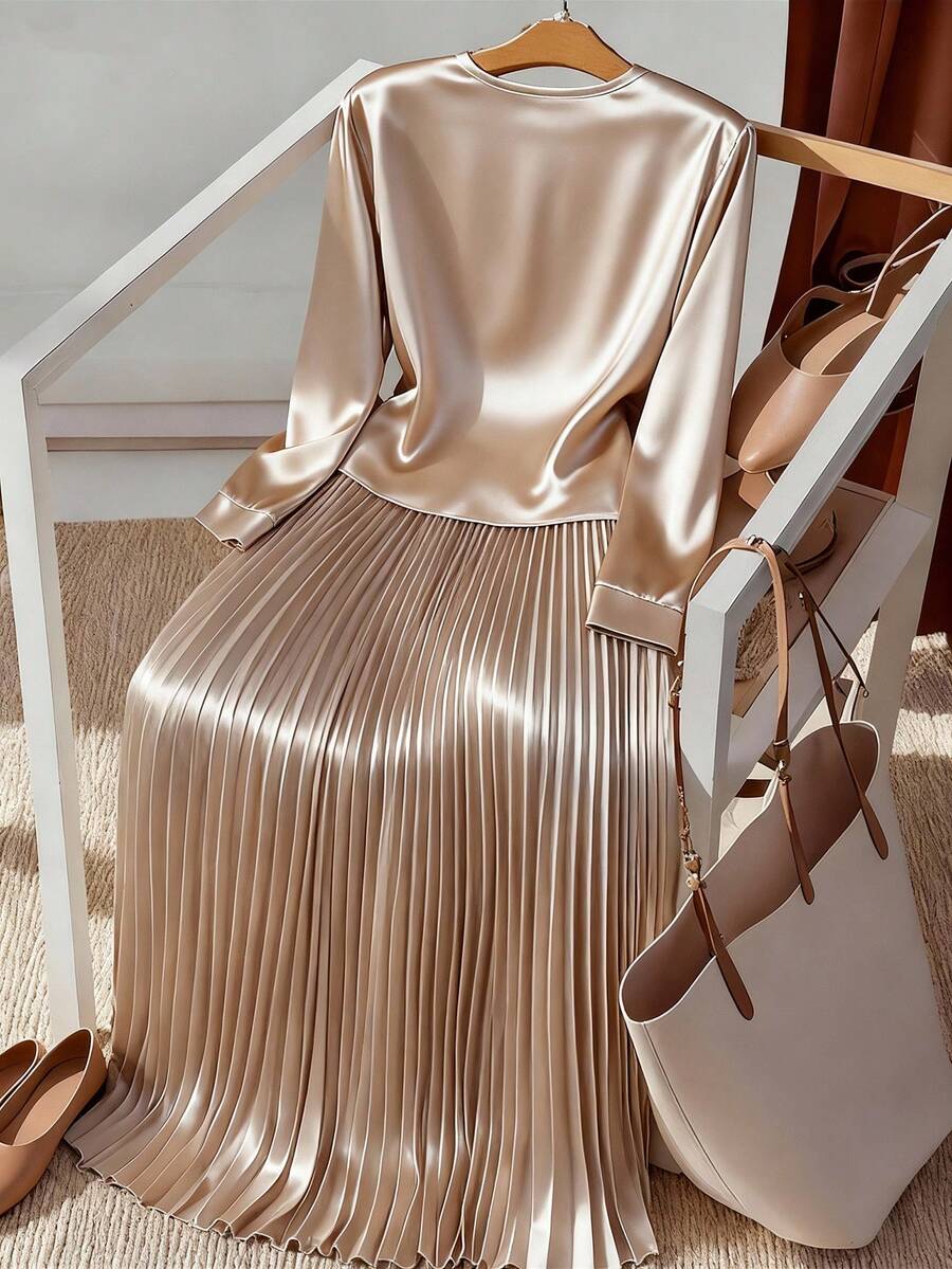 GlowEve CURVE Plus Size Women's Fashion Champagne Pleated Dress,Autumn Elegant Formal Textured Fabric,Collar Cuff Button Top And Skirt Set For Wedding Gala Party - Apricot - View 1