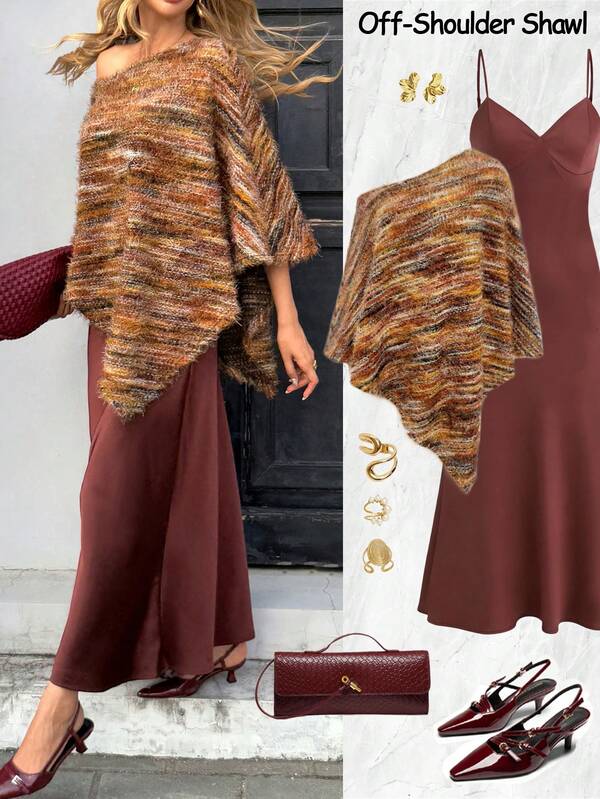 SHEIN PariChic Women's Colorful Coffee-Colored Off-Shoulder Thickened Knitted Fur Shawl Top, Asymmetrical Design Going Out Coat Country Style For Women Brown Sweater Fall Clothes For Women Wedding Guest Elegant Autumn Outfits For Women Fall Clothes Christmas Halloween Costume Women's Winter Sweater