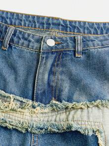 SHEIN Girlism 少女 Y2K 潮流星星拼接流苏低腰宽松阔腿牛仔裤，毛边下摆，斜口袋 - 中等水洗藍 - 查看 3