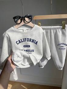 SHEIN 男婴两件套保暖圆领卫衣和运动裤套装，舒适休闲基础款，适合室内、室外、日常穿着、运动、派对、拍照、节日、街头穿搭，秋冬季男婴毛衣套装，两件套，男婴街头服饰 - 灰色 - 查看 4