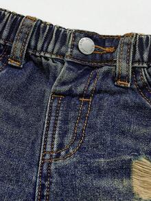 SHEIN Baby Boy Casual Washed Distressed Denim Jeans, Spring/Summer - Dark Wash - View 4