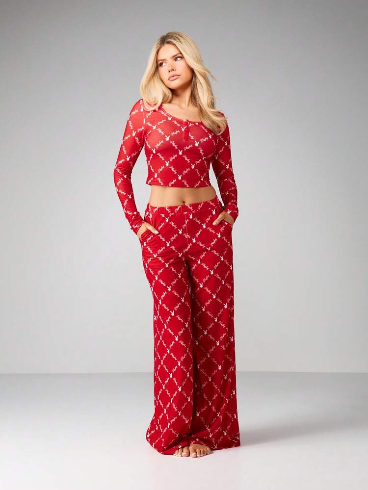 Missguided x Playboy Logo Print Lounge Set Long Sleeve Crop Top High Waist Pants Sleepwear Pajamas Loungewear