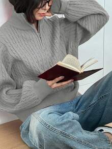 FRIFUL Suéter de manga larga con cremallera y cuello holgado y casual para mujer, otoño/invierno - Gris - Ver 4