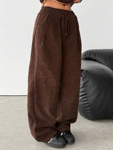 Teen Girls Autumn And Winter Street Fashion Casual Retro Brown Solid Color Corduroy Textured Baggy Pants - Brown - View 3