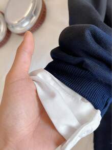 Tween Girls' Navy Blue And White 2 In 1 Sweatshirt,White Collar Chest Design Ribbed Hem Cuffs,Autumn,Casual,School,Back-To-School Fashion Sweatshirt - Navy Blue - View 5