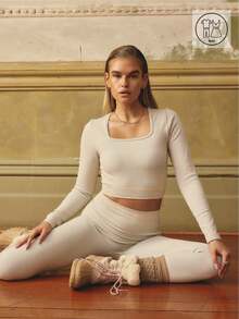 Aralina Leisurewear Two Tone Ribbed Seemfree Long Sleeve Scoop Neck Top And High Waist Legging Two Pieces Active Gym Workout Set - Multicolor - View 9