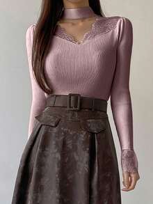 DAZY Women's Contrast Lace Hollow Out Fitted Long Sleeve Sweater, White, Spring/Autumn - Dusty Purple - View 3