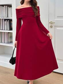 SHEIN Girlism 少女露肩褶饰A字长裙，红色 - 酒紅色 - 查看 6