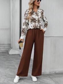 EMERY ROSE 女士印花长袖衬衫和裤子休闲两件套 - 棕色 - 查看 5