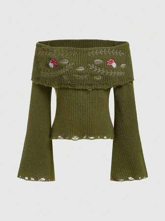 Fairycore Mushroom & Vine Embroidery Off-Shoulder Flare Sleeve Distressed Sweater