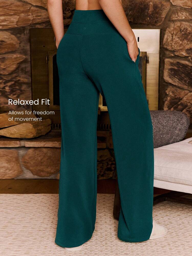 30'' Modal Fleece Wide Leg High Waist Adjustable Drawstring Waist Joggers Pants With Side Pockets Daily Casual Fall Winter