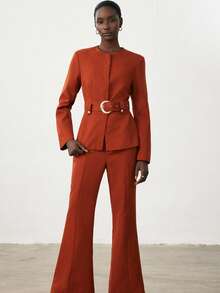 Aveloria Modichic 女士简约纯色长袖上衣和裤子两件套套装，通勤装 - 橘色 - 查看 5