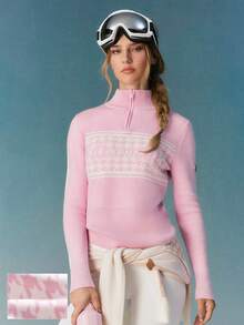 GLOWMODE Skiing Collection Snowbound Soft Warm Cozy Houndstooth Jacquard High Neck Quarter-Zip Fitted Sweater Autumn Winter Outdoors Skiing Wear