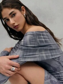 TypaGal Modern Off-Shoulder Printed Bodycon Dress In Soft Grey Tones With A Pleated Neckline. A Chic And Elegant Piece For Party Nights Or Evening Events. - Green - View 3