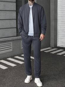 Manfinity Homme Plus Size Men Solid Color Long Sleeve Zip-Up Baseball Collar Jacket And Pants Casual Suit, Autumn Men Casual Suit Mens 2 Piece Leisure Suits Men 2 Piece Set Spring Fall Men Suit Set Grey Men Joggers Suit Old Money,Daily Leisure, Weekend Trips, Outdoor Activities, Travel Expeditions, Relaxed Work Environments Or Semi-Formal Occasions, Boyfriend/Husband Gift, Anniversary Gift Party Christmas