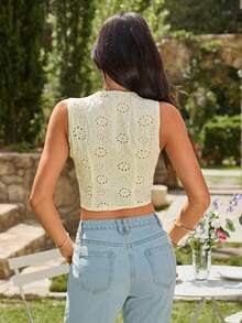 KARISMINA Solid Color Hollow Embroidered V-Neck Casual Women Vest, Suitable For Summer - Yellow - View 2