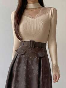 DAZY Women's Contrast Lace Hollow Out Fitted Long Sleeve Sweater, White, Spring/Autumn - Apricot - View 3