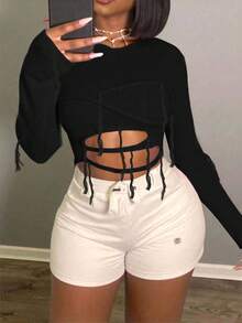 BamGleam Women's Sweater Knitted Long Sleeved One Neck Pink Hollow Tassel Truncated Slim Fit Regular Style Casual Travel Vacation Party Women's Clothing Spring And Autumn Summer Winter Autumn(Excluding Pants) - Black - View 4