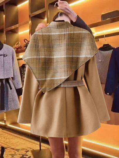 GlowEve Manteau en laine à carreaux à simple boutonnage pour femmes, style de rue élégant et décontracté pour le travail, les sorties romantiques, les fêtes et Noël. Manteau mi-long de couleur chameau pour l'automne/l'hiver