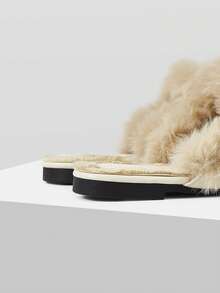 Mnmlis 2025新款女士毛绒平底一脚蹬乐福鞋，保暖内里，秋冬季 - 米色 - 查看 7