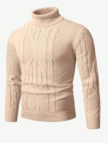 Manfinity Homme Men's Casual Cable Pattern Turtleneck Long Sleeve Sweater, Autumn/Winter - Apricot - View 4