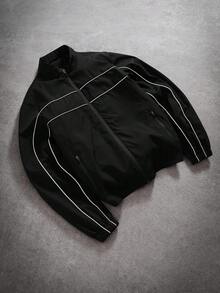 PAVTROS 加大码男士休闲长袖拉链夹克 Y2K 男士拉链夹克运动夹克街头风夹克 - 黑色 - 查看 1