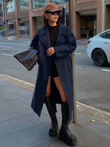 DAZY Women's Solid Color Lapel NeckLong Sleeve Loose Casual Overcoat, Autumn/Winter - Navy Blue - View 4