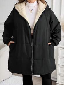 SHEIN CURVE+ 女士加大码带帽加厚长款外套，配腰带，秋冬款