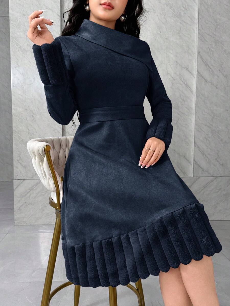 Modelyn Ribbed Plush Patchwork Suede Collar Belt Midi Dress For Women, Autumn/Winter,Dresses For Women Elegant - Navy Blue - View 1