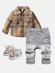 SHEIN Toddler/Baby Boys Fashionable Retro Design Distressed Vintage Washed Ripped Frayed Loose Fit Blue Jeans,Without Shirt,For Baby Outdoor Wear Clothes Outfits And Daily Wear Outfits
