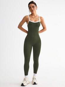 SHEIN Sports Women's Contrast Color Camisole Jumpsuit/Seamless/Waist Cinching/Adjustable - Dark Green - View 6