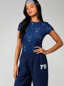 Missguided x Playboy 兔子印花亨利领连体衣长袖纽扣一体式家居服 - 藍白色 - 查看 4