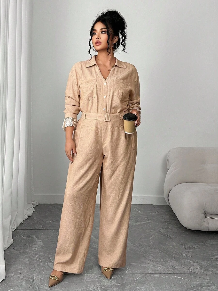 SHEIN Elenzya Plus Size Women's Fashionable Front Button Long Sleeve Top And Belted Long Pants 2 Pieces Set - Apricot - View 1