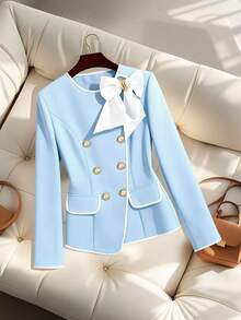 GlowEve 女式新款优雅白色蝴蝶结装饰长袖西装外套 - 淺藍色 - 查看 7