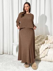 Auralis Plus Size Casual Solid Color Top And Skirt 2 Pieces Set, Brown/ Spring - Brown - View 7