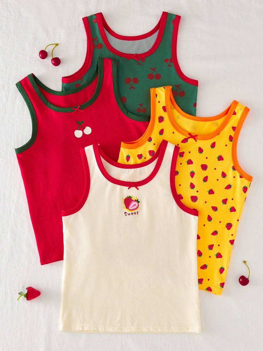 4pcs Girls' Cute Strawberry & Cherry Fruit Print Camisole Undershirt, Versatile For Inner & Outer Wear - Multicolor - View 1