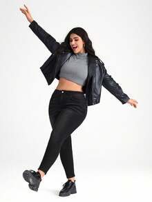 Firerie Pantalones de mezclilla negros elásticos y entallados de talla grande de 3/4