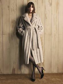 Arave Manteau long en tissu duveteux bleu sarcelle clair pour femmes, coupe ample, grand col à revers, design avec ceinture, élégant, col moelleux, veste de mode moderne pour rendez-vous, fête de vacances - Gris pâle - Voir 6
