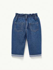 Cozy Pixies Baby Girls Summer Boho Cute Ruffle Waist Baggy Soft Denim Jeans Pants With Rolled Up Hem - Medium Wash - View 2
