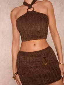 SHEIN Glamour Christmas Plush Fabric Circular Decor Women Winter Halter Vest + Mini Skirt Set - Brown - View 4