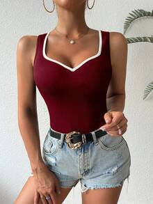 SHEIN Unity Top ajustado sin mangas con cuello en forma de corazón de color contrastante - Burdeos - Ver 4