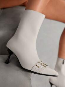 CUCCOO SZL Spitze Mittelhoch Absatz Stiefel für Frauen, modische professionelle weiche Leder Schlank Absatz Knöchel Stiefel, Herbst/Winter