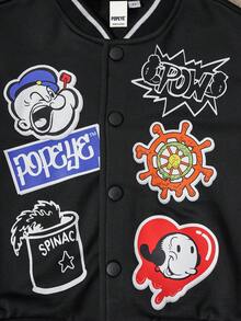 Popeye X SHEIN Set de 2 piezas: Chaqueta de béisbol holgada con estampado de insignia vintage y pantalón de chándal para niño pequeño, para otoño/invierno - Blanco y Negro - Ver 6