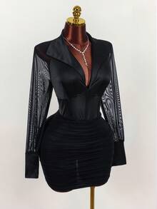 Amplova Vestido sexy plus size feminino com gola, detalhes em tule, mangas compridas e franzidos. - Preto - Ver 7