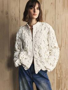 Arave Women's Hollow Floral Fabric Stand Collar Zipper Baseball Style Design Daily Casual Jacket Short Coat Fall Clothes For Women White  Women's Winter Jacket Zip-Up - Apricot - View 7