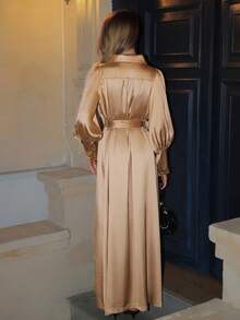 Elyressa 女士纯色通勤优雅都市灯笼袖长袖衬衫裙 - 香檳色 - 查看 2