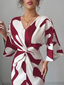 Elenzga Women's Apricot Base Color Milk Silk Digital Printing High Elasticity Fabric V-Neck Waist Twist Design Waist Slimming Asymmetrical Hem Niche Design High-End Elegant Elegant Date Outfit Thanksgiving Halloween Atmosphere Autumn New Essential Fashion Midi Dress - Red Violet - View 6