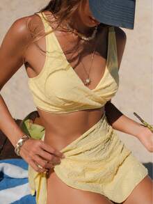 Bellisia Women's Yellow Textured Criss-Cross Bikini Top Women's Beach Fashion Women's Beach Fashion Beach Outfits For Women Cross-Over Push-Up Swimsuit Top Yellow Summer Set Yellow Yellow Skirt Set Skirt Swimsuit Set Summer Skirt And Top Set - Yellow - View 9