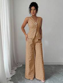 Selianne 女士优雅纹理两件套，粉色，夏季 - 橘色 - 查看 6